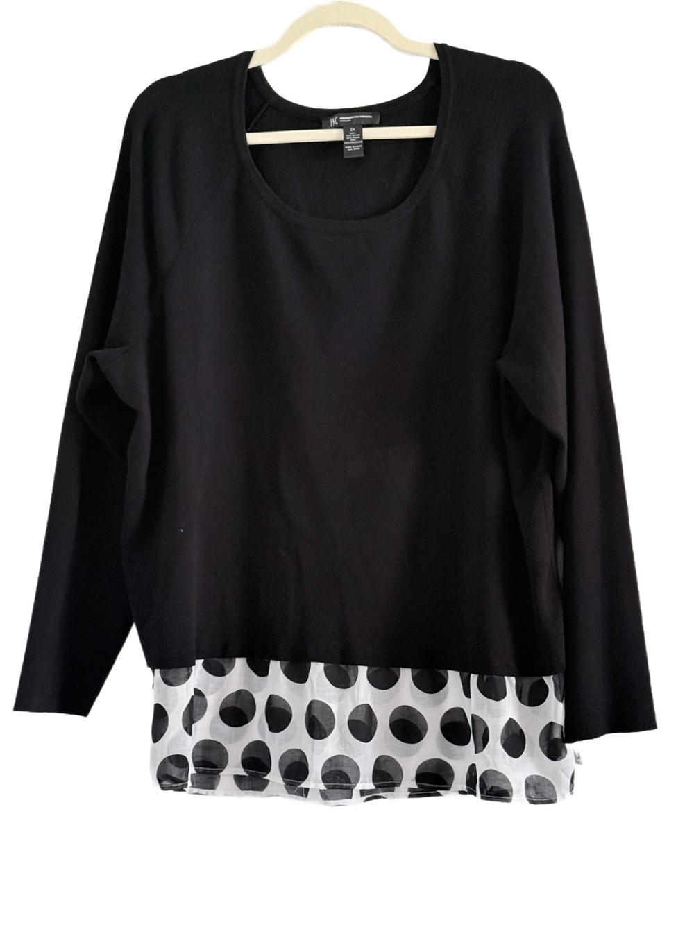 INC International Concepts Black Layered Sweater with Polka Dot Blousy Hem 2X
